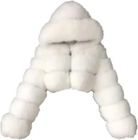 Womens Fluffy Faux Fur Coat Cropped Jacket Y2K Christmas Puffer Jacket with Hood Zip Up Fuzzy Teddy Jacket
