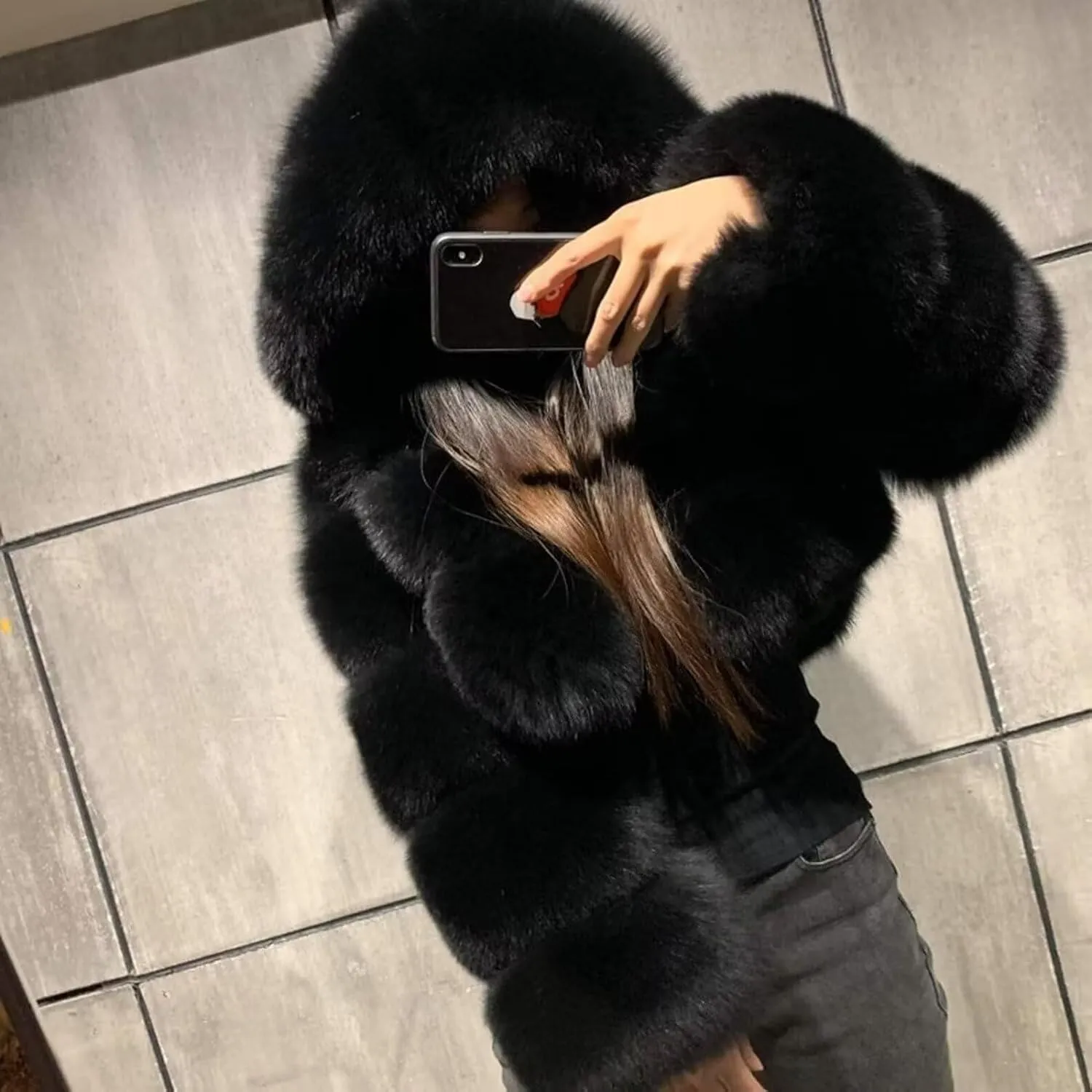 Womens Fluffy Faux Fur Coat Cropped Jacket Y2K Christmas Puffer Jacket with Hood Zip Up Fuzzy Teddy Jacket