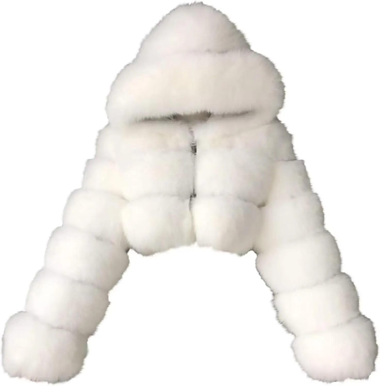 Womens Fluffy Faux Fur Coat Cropped Jacket Y2K Christmas Puffer Jacket with Hood Zip Up Fuzzy Teddy Jacket