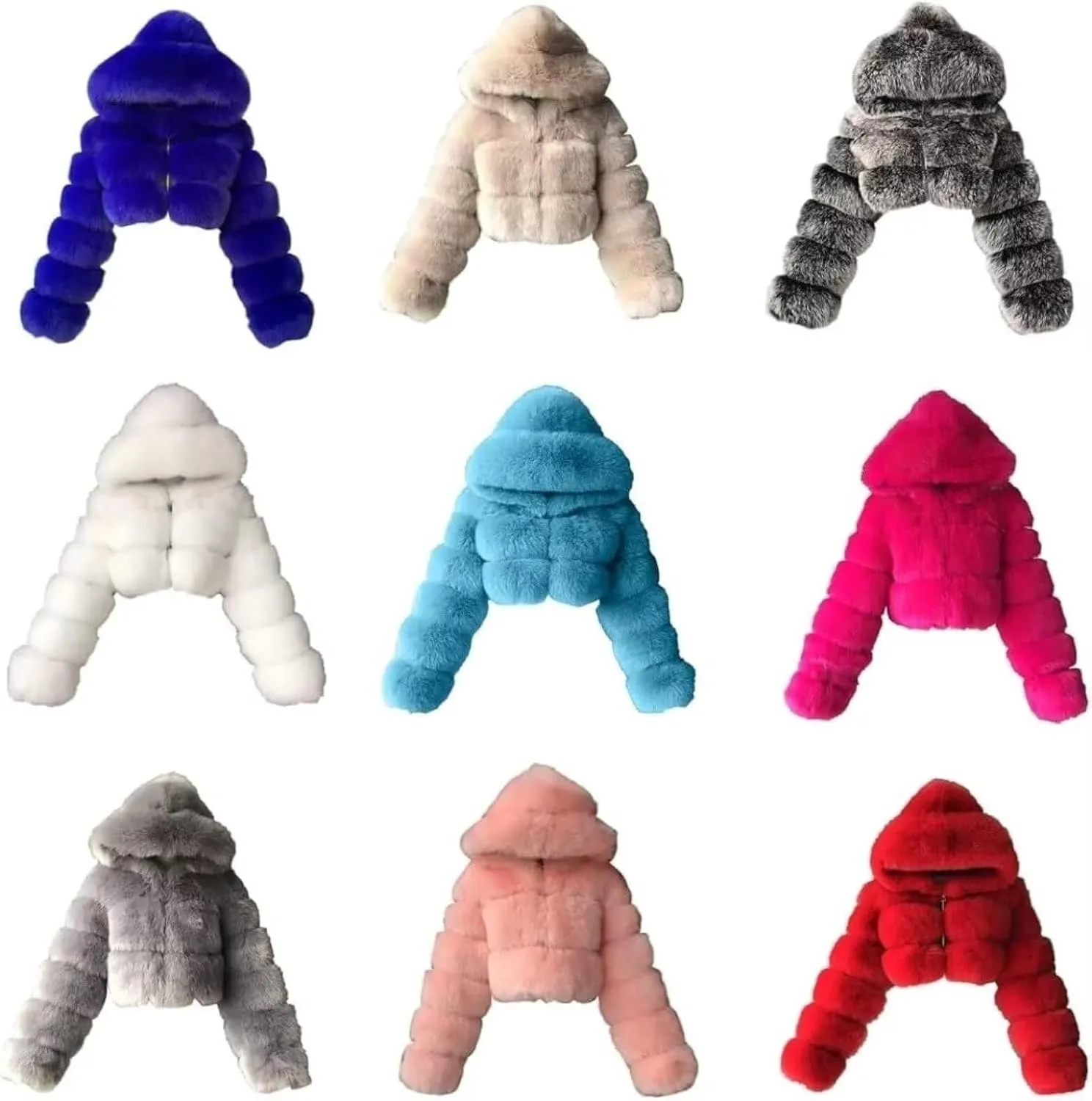 Womens Fluffy Faux Fur Coat Cropped Jacket Y2K Christmas Puffer Jacket with Hood Zip Up Fuzzy Teddy Jacket