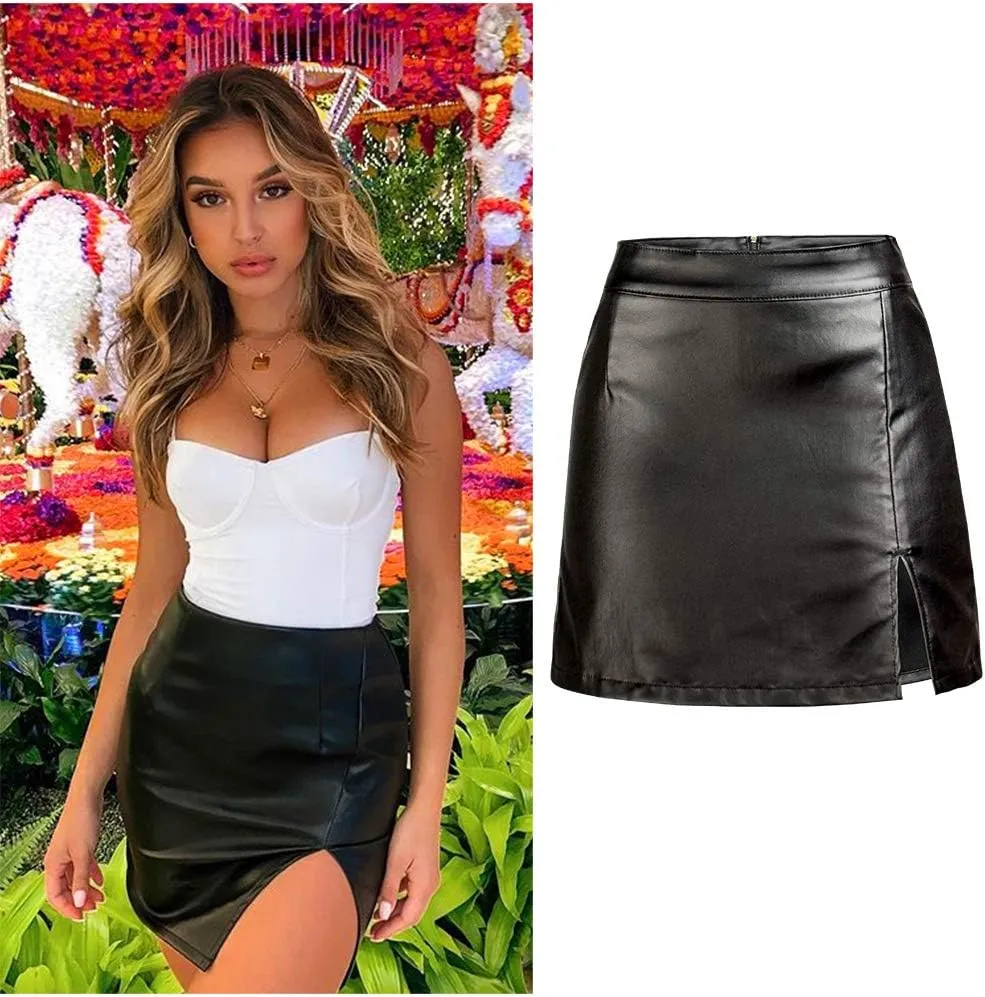 Women's Stretch Faux Leather Skirt High Waist Split Mini Bodycon Pencil Skirt