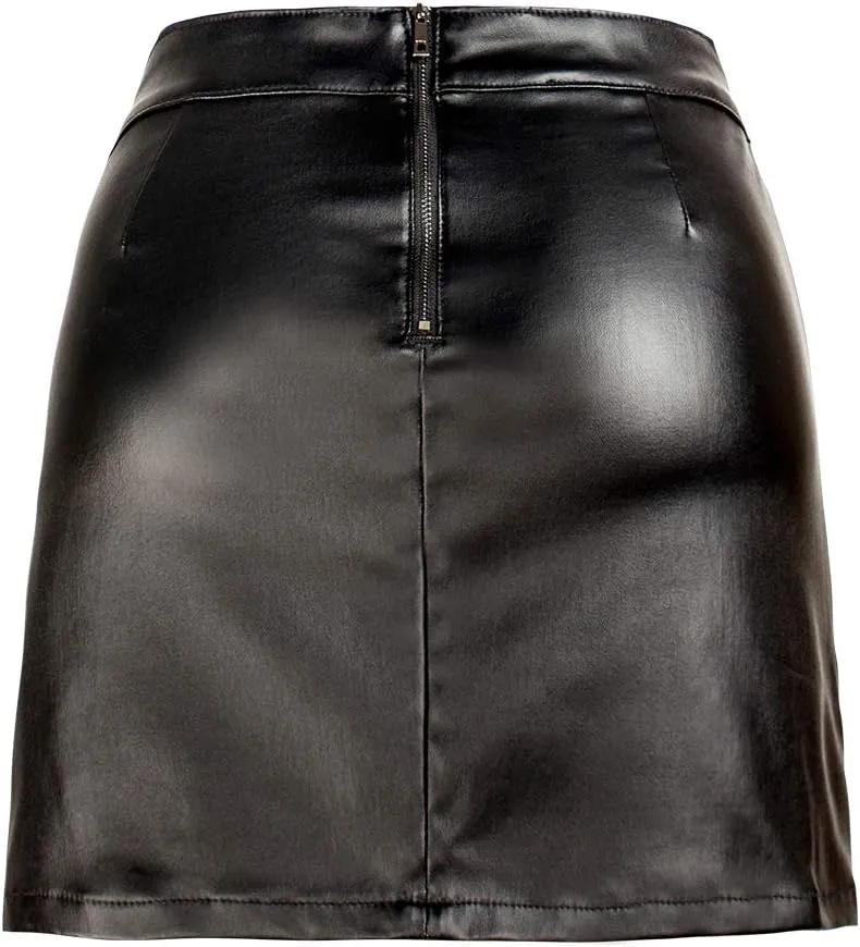 Women's Stretch Faux Leather Skirt High Waist Split Mini Bodycon Pencil Skirt