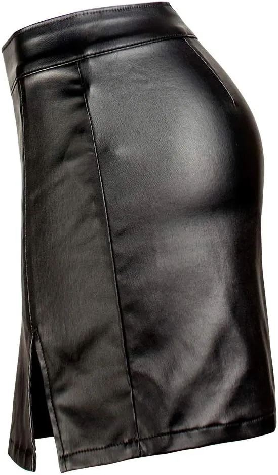 Women's Stretch Faux Leather Skirt High Waist Split Mini Bodycon Pencil Skirt