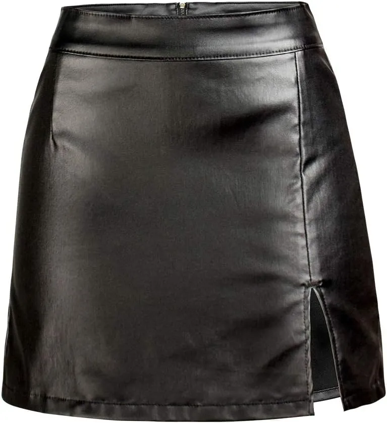 Women's Stretch Faux Leather Skirt High Waist Split Mini Bodycon Pencil Skirt