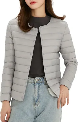 Womens Ultra Lightweight Packable Short Down Jacket Fashion Collarless Button Down Quilted Puffer Parka Coats Outwear