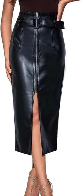 Women's Zip Up Midi Leather Skirt with Belt High Waist Split Leather Skirt