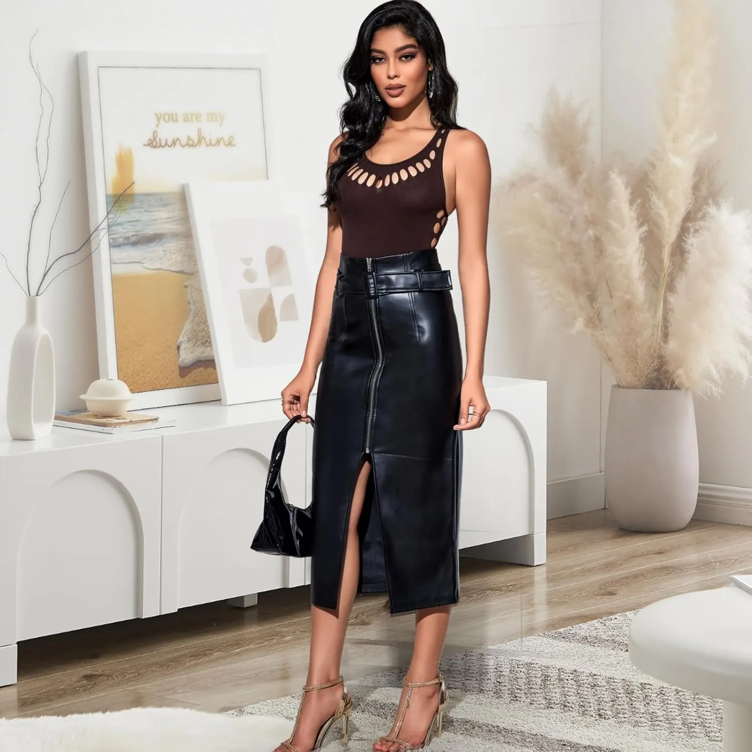 Women's Zip Up Midi Leather Skirt with Belt High Waist Split Leather Skirt