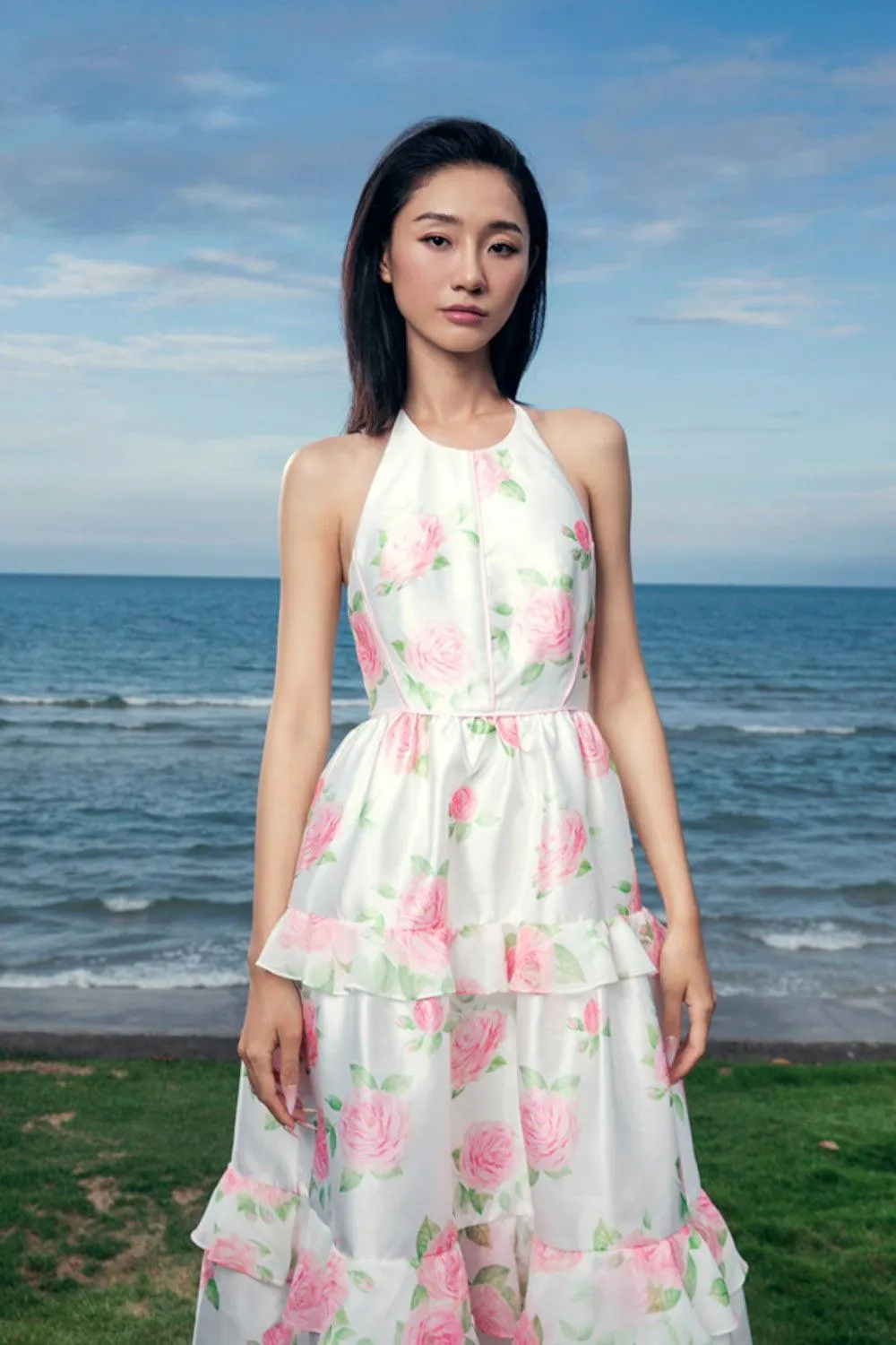 Yvonne Fit and Flare Halter Neck Taffeta Ankle Length Dress