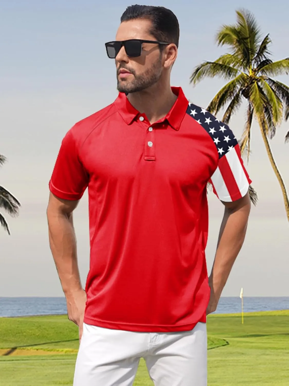 ZITY Men's Flag Golf Polo Shirts Short Sleeve Tactical Collared Shirt Men Outdoor Moisture Wicking Shirts